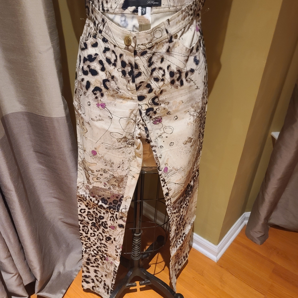 Les Copains Beige and Black Leopard Print Women's Flare Jeans